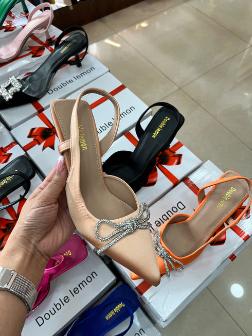 New Women Pointed Toe Butterfly Knot Crystal Pumps Flock Thin Heel